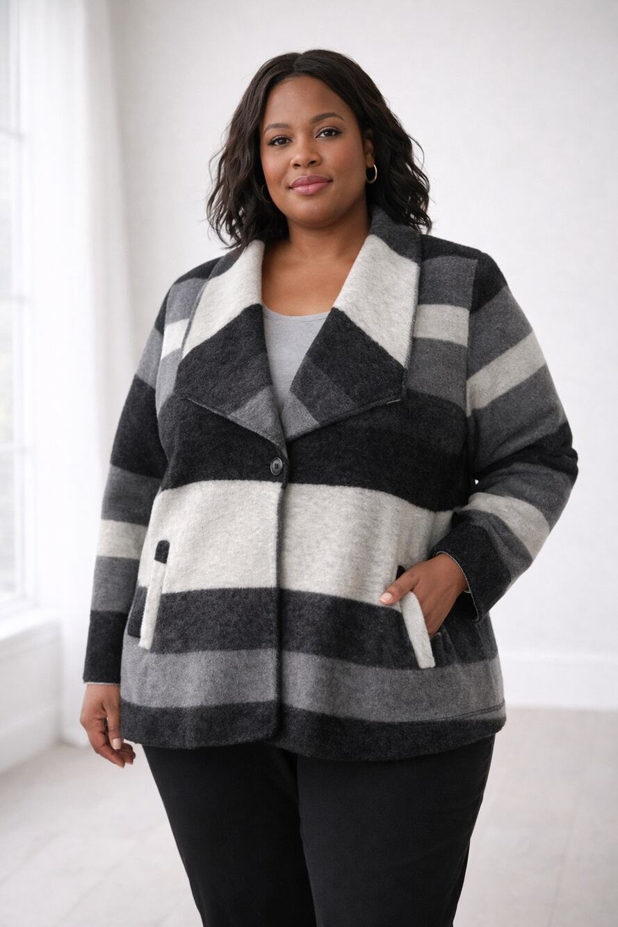 Chico’s Boiled WOOL Striped Fuzzy JACKET Black Gray White XL women - Button Sz 3